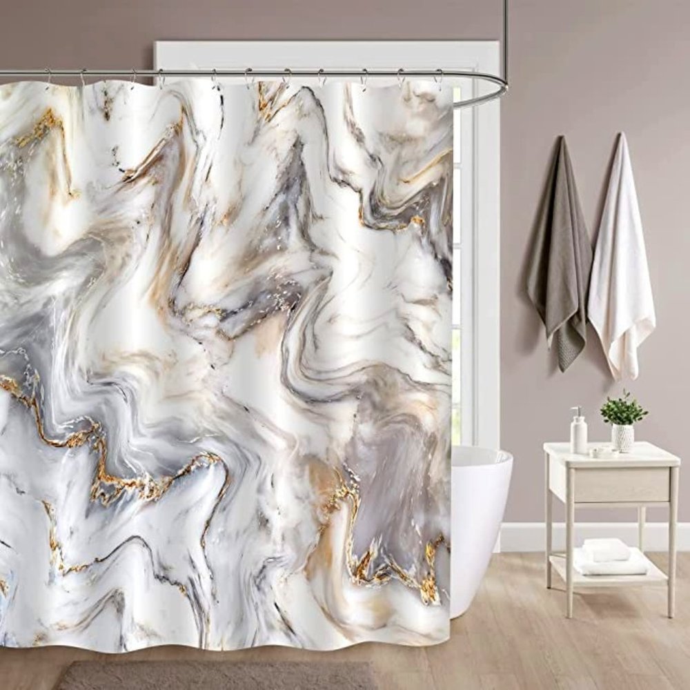 Grey & Gold Marble Shower Curtain Set, Abstract Modern Shower Curtain Set New